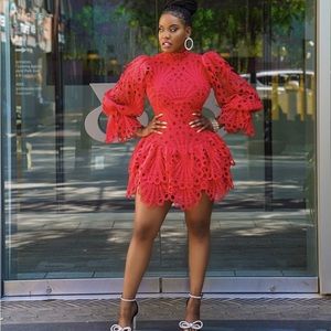 Crotchet embroidery ruffle mini dress